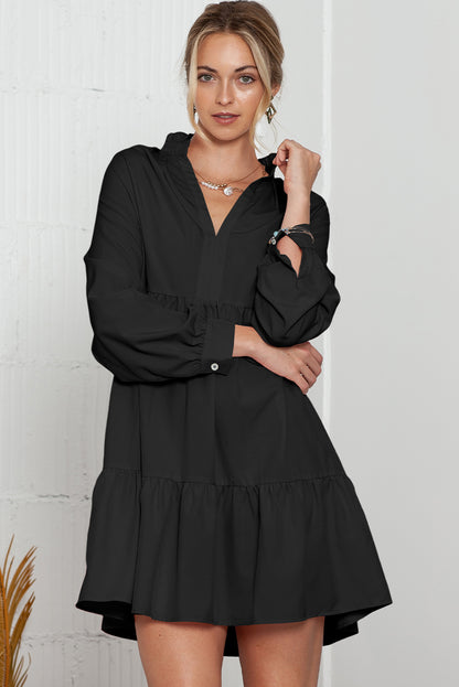 Black Elegant Stand V Neck Short Frill Dress