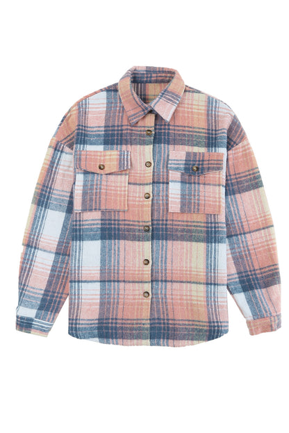 Gold Flame & Grey Plaid Button Up Collared Flannel Shacket