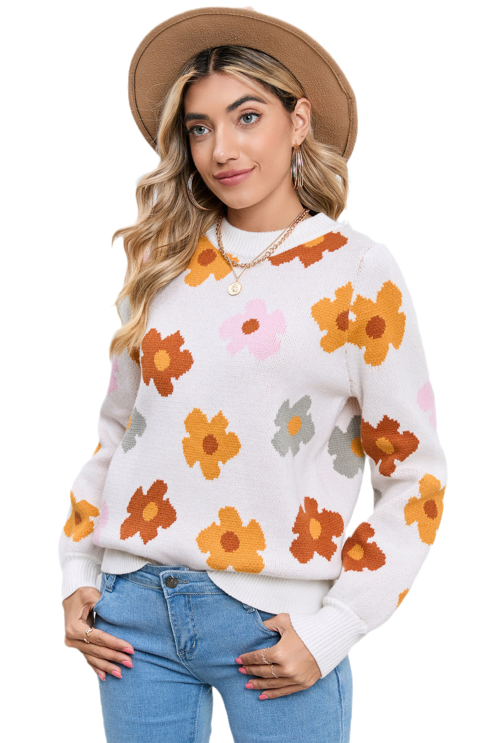 White Sweet Flower Knitted Ribbed Hem Sweater