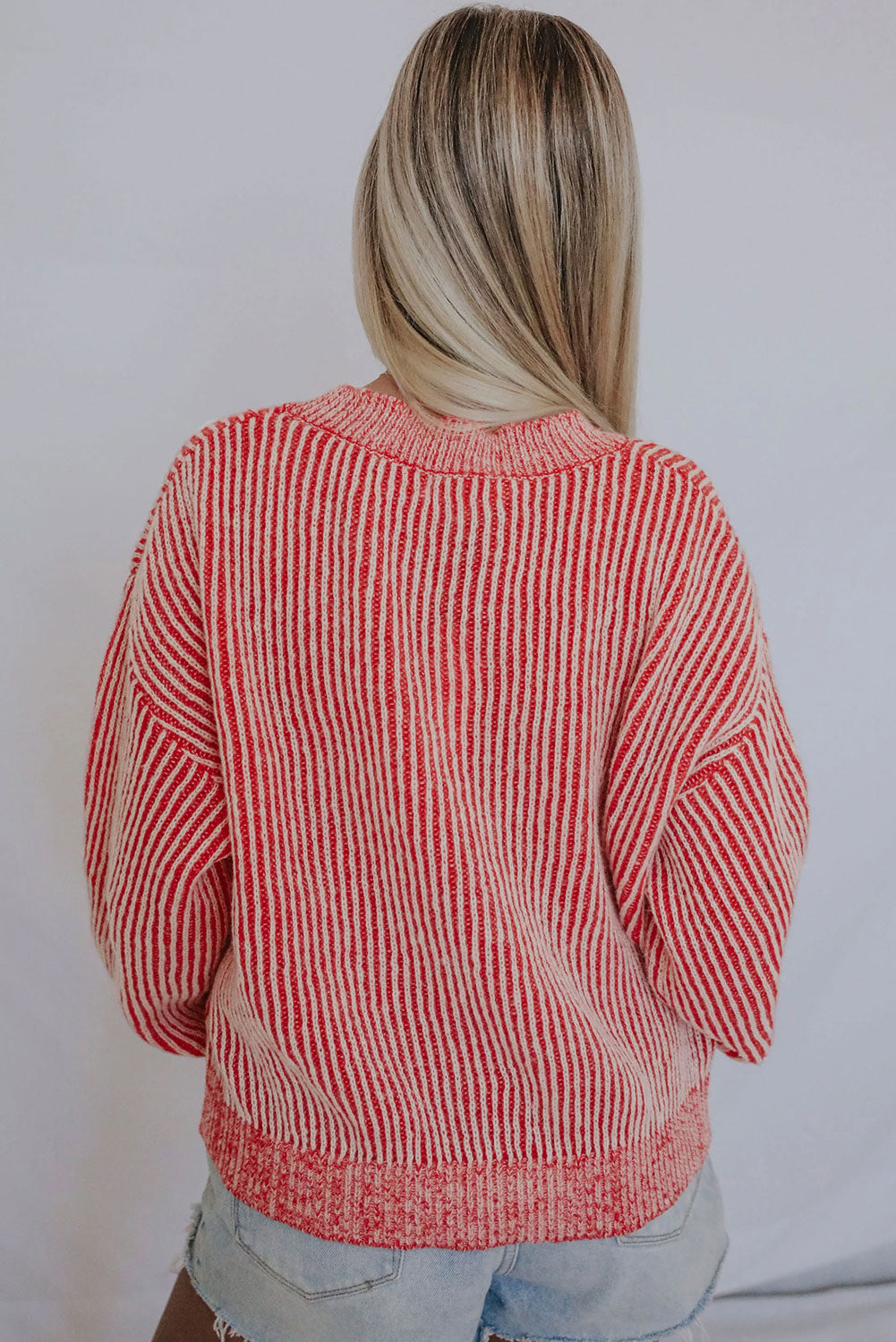 Red Casual Stripe Print Round Neck Sweater