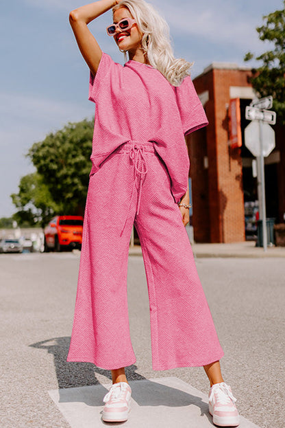 Strawberry Pink Textured Loose Fit T Shirt and Drawstring Pants Set