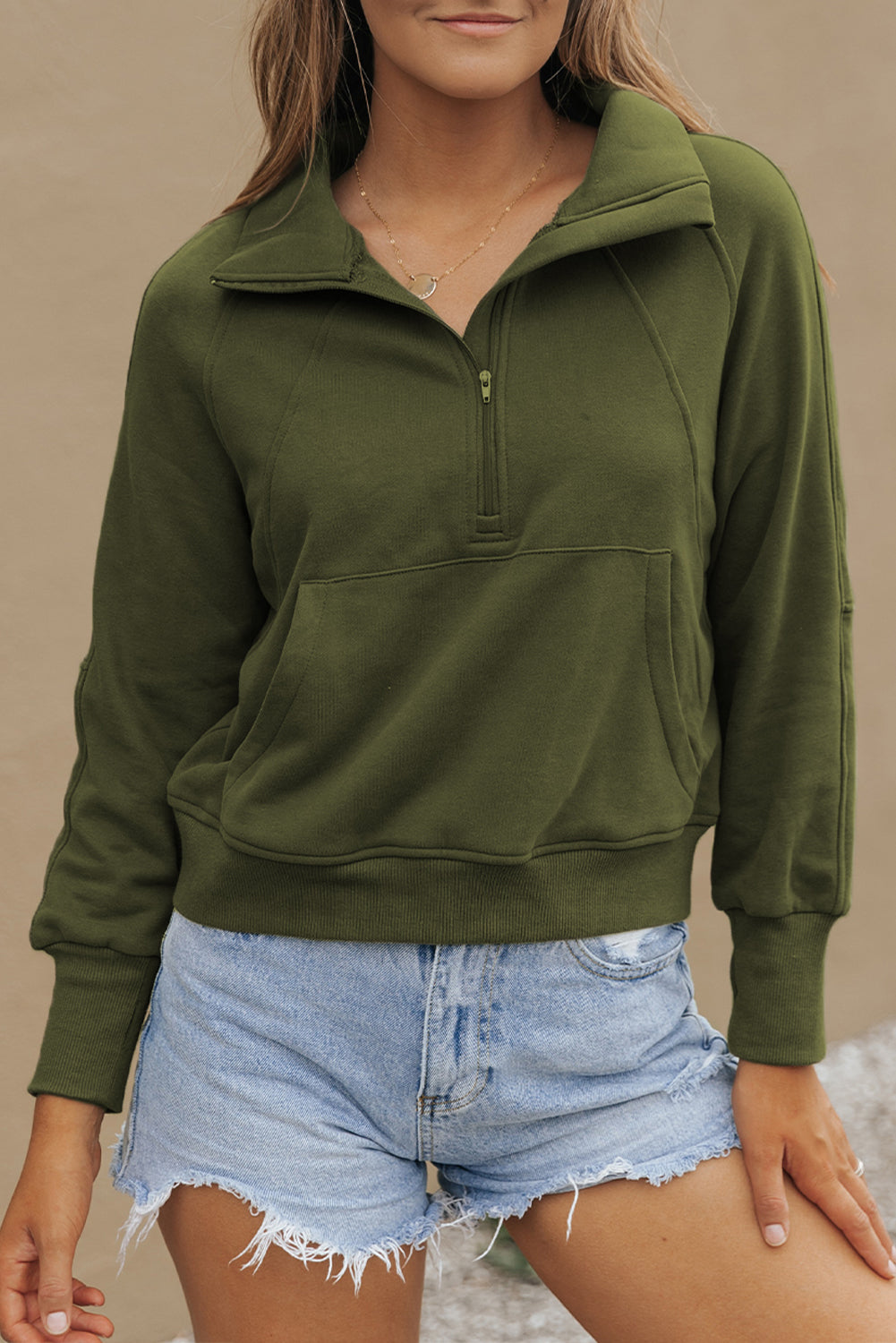 Green Fleece Lined Zip Up Stand Collar Thumbhole Sleeve Sweatshirt