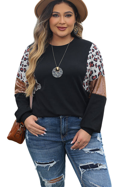 Black Leopard Sequin Patch Plus Size Long Sleeve Top