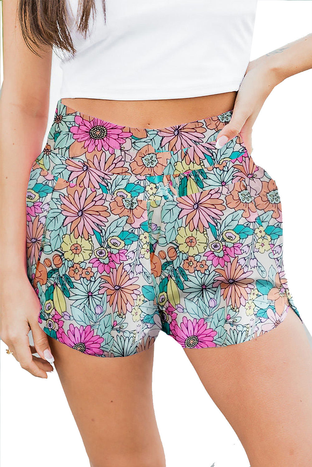 Multicolor Geometric Elastic High Waisted Shorts for Women