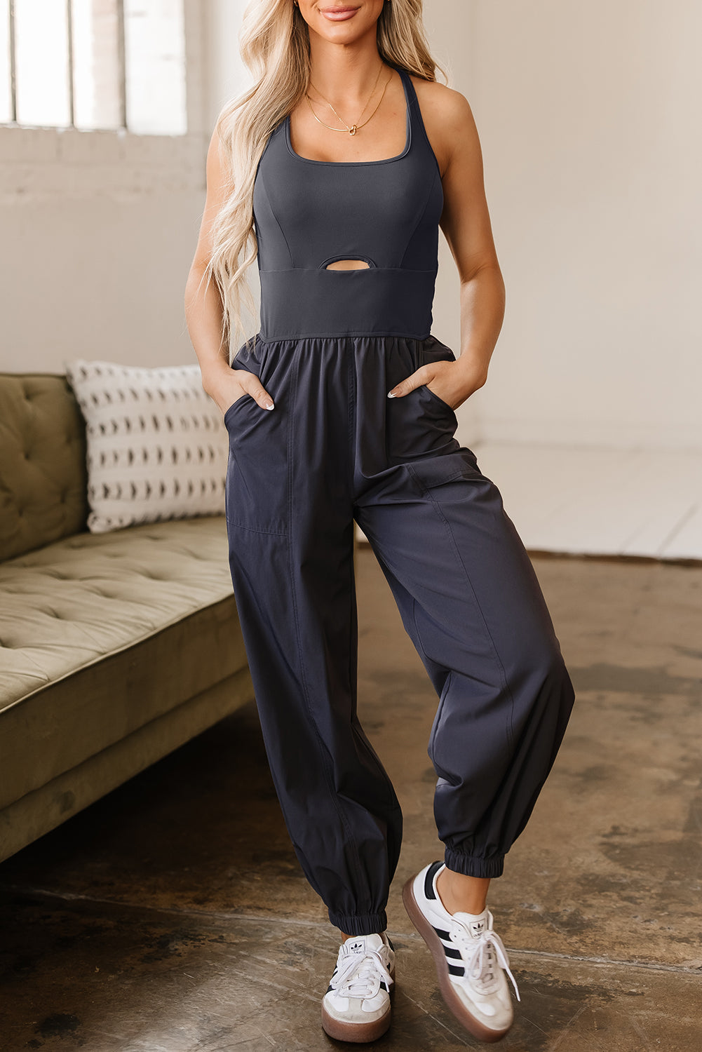 Carbon Grey Back Crossed Straps Hollow Out Jogger Jumpsuit