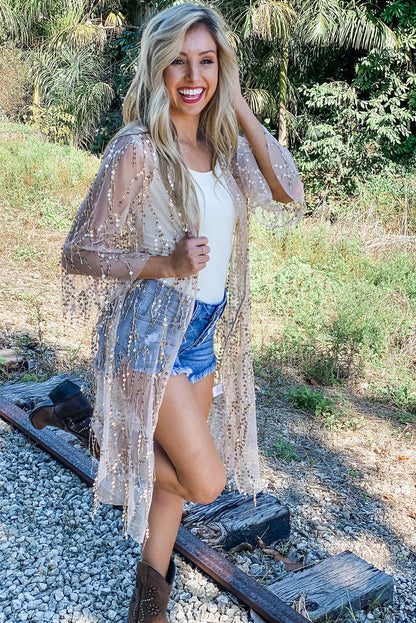 White Sequin Sheer Casual Open Front Cover Up