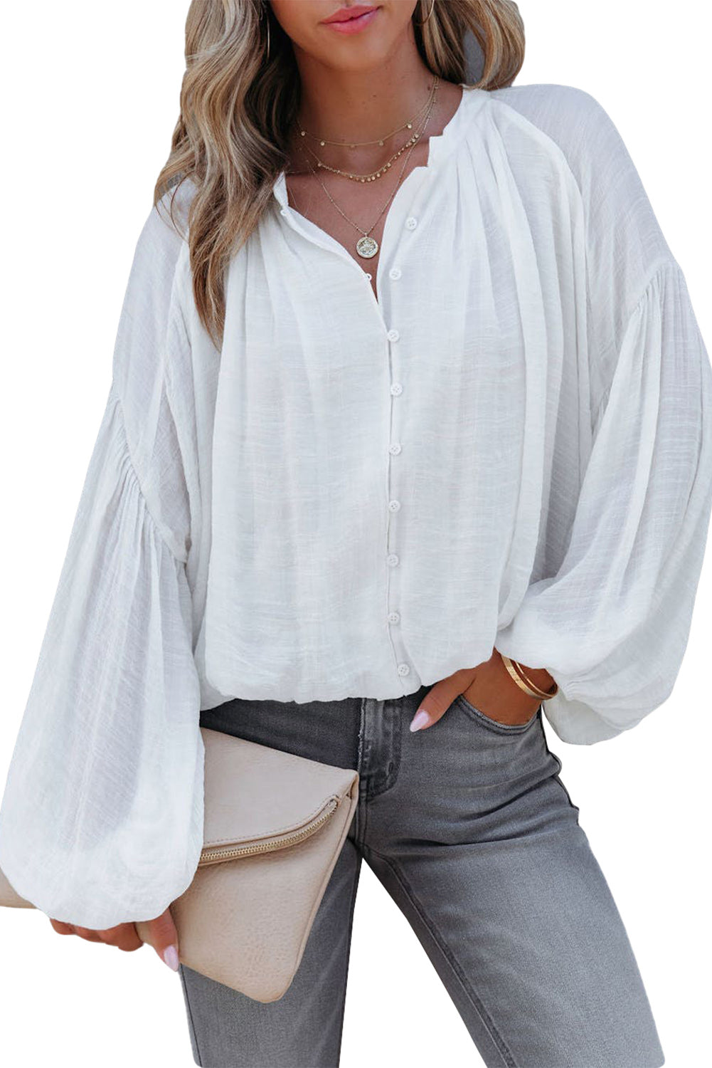 White Solid Color V Neck Balloon Sleeve Shirt