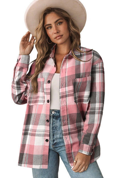 Green Long Sleeve Collared Button Up Flannel Shacket