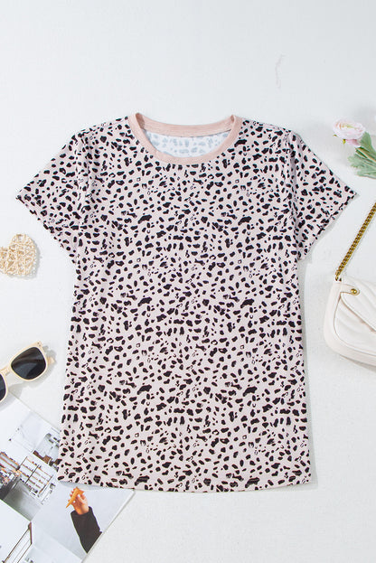 Apricot Cheetah Print O-neck Short Sleeve T Shirt