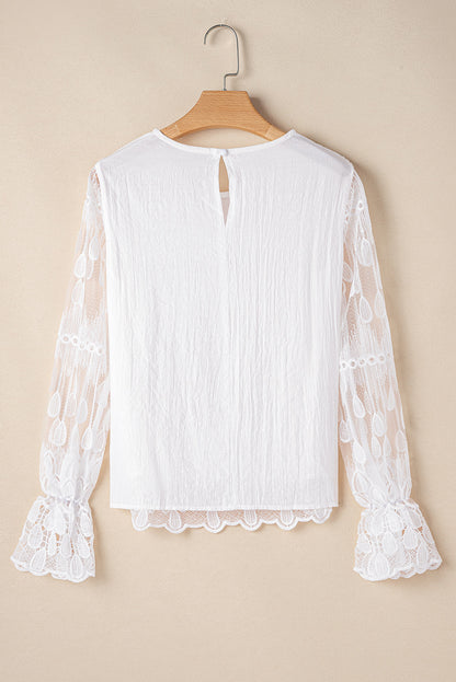 Beige Embroidered Mesh Flounce Sleeve Blouse