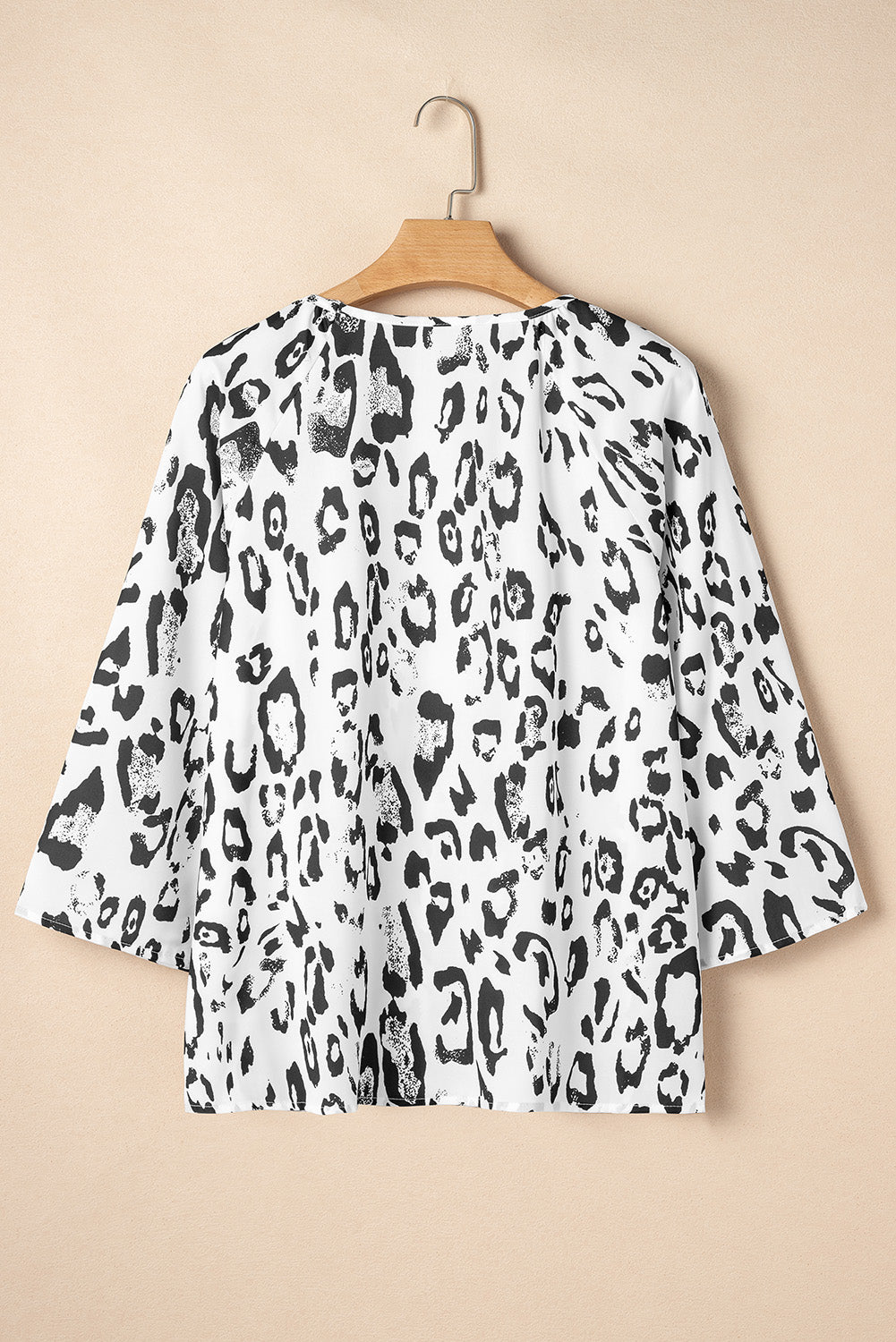 Black Leopard Print Ruched V Neck 3/4 Sleeve Blouse