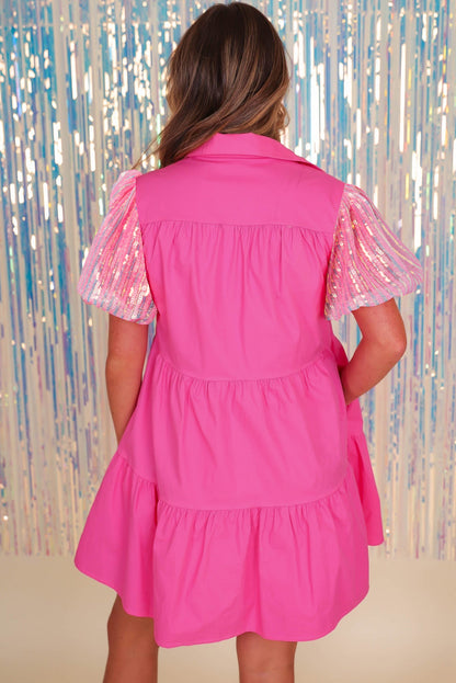 Bonbon Sequined Bubble Sleeve Tiered Ruffled Shirt Dress