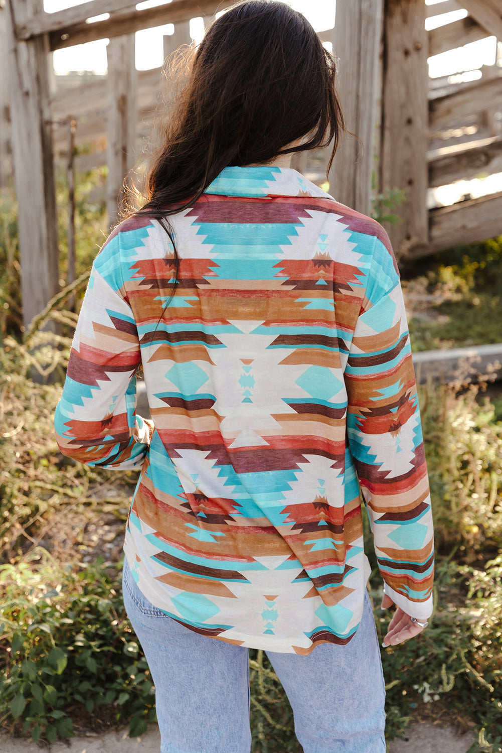 Multicolor Aztec Print Buttoned Pocket Chest Long Sleeve Shirt