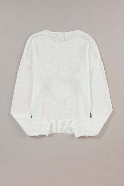 White Heart XOXO Pattern Drop Shoulder Rib Knit Sweater