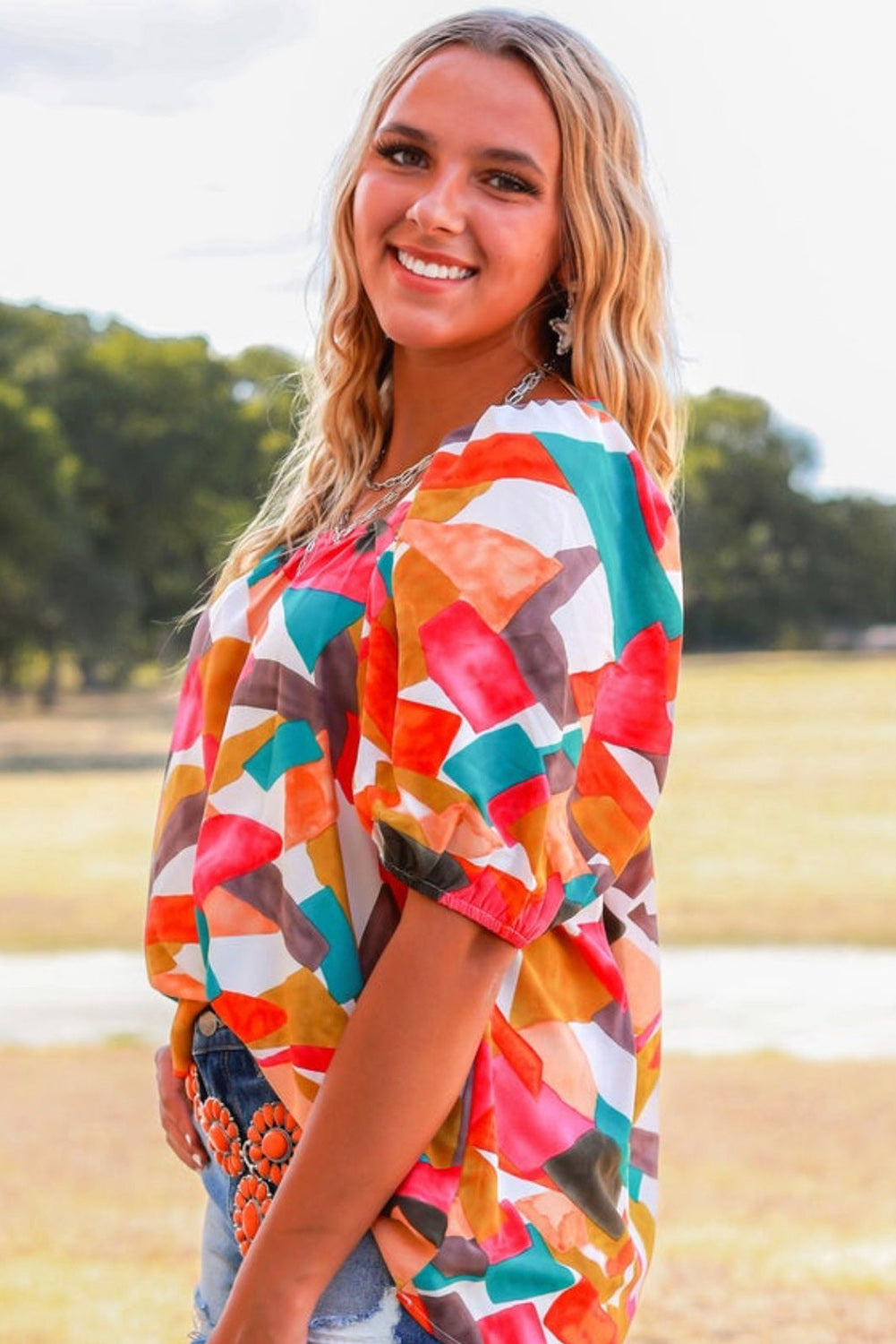 Multicolor Square Neck Abstract Print Short Sleeve Blouse