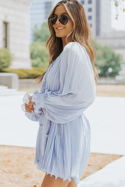 Sky Blue Pleated Ruffled Tie Waist Buttons V Neck Romper