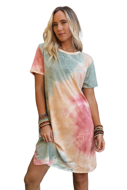 Multicolor Tie Dye Oversized Slit Tee Dress