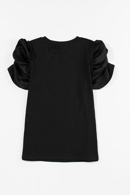 Black Ruched Puff Sleeve Crew Neck Tee