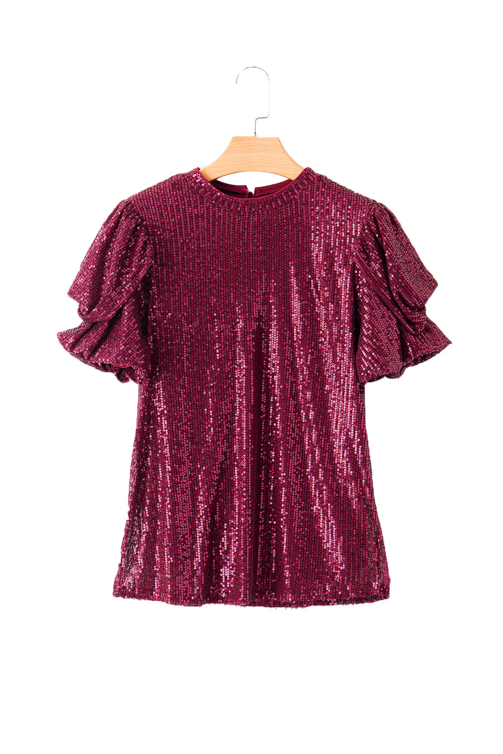 Burgundy Glittering Sequin Short Bubble Sleeve Blouse