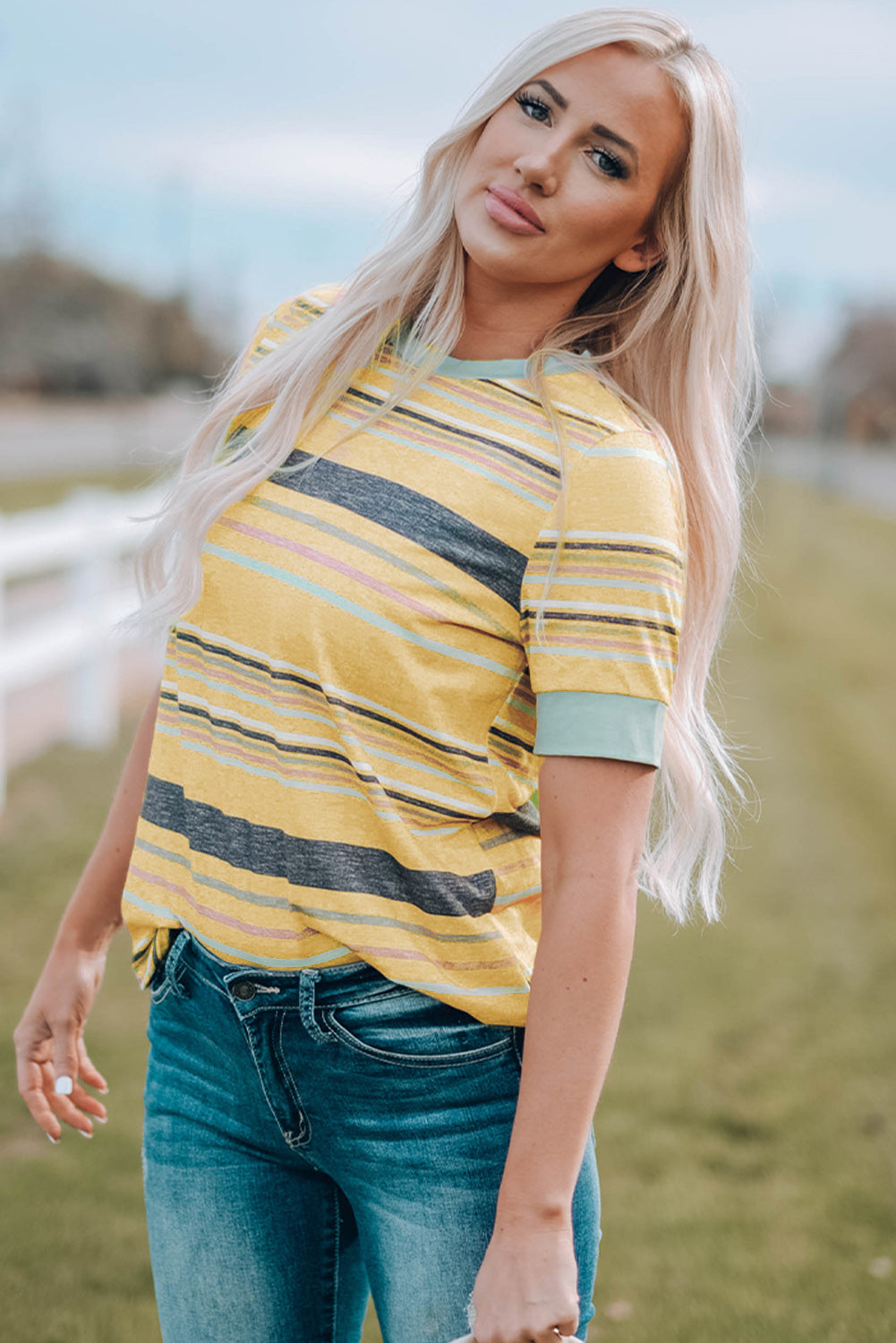 Multicolor Stripes Crew Neck T Shirt