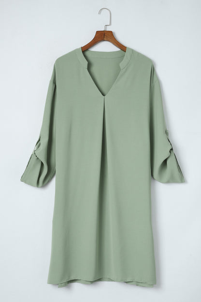 Green Roll-tab Sleeve Flowy Casual Dress