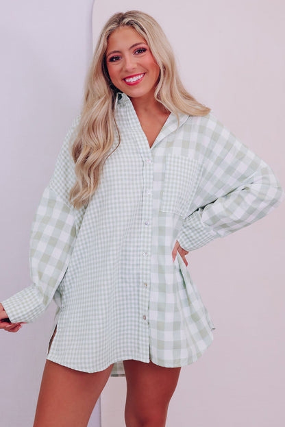 Green Mix Checked Patchwork Long Sleeve Shirt