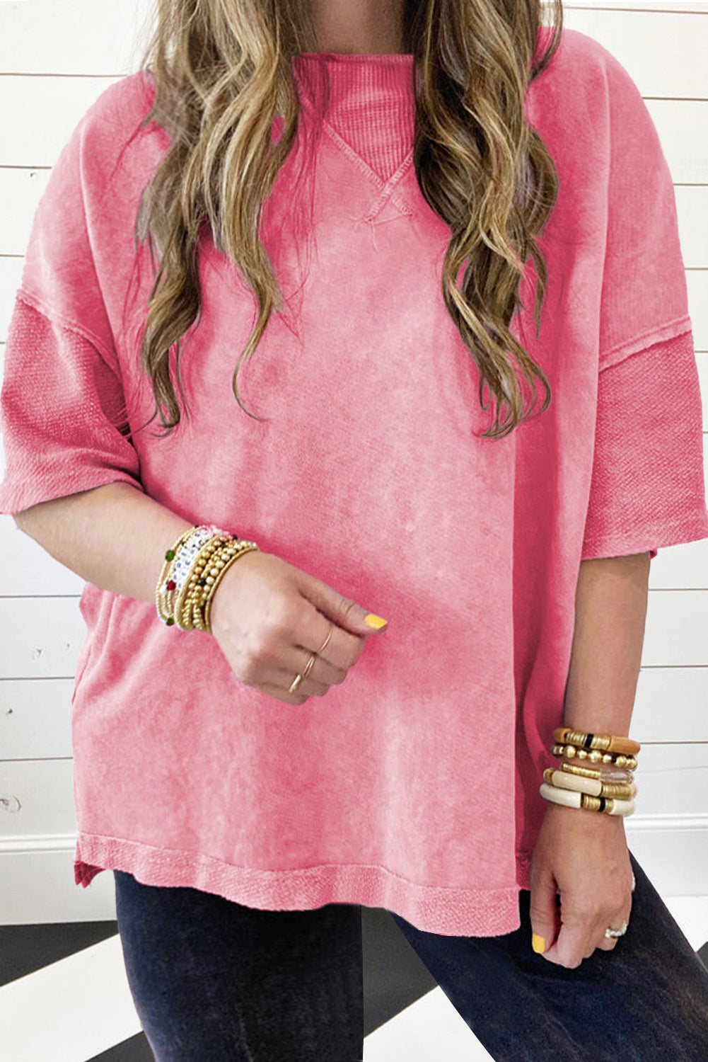 Strawberry Pink Mineral Wash Drop Sleeve Patchwork Plus Tee