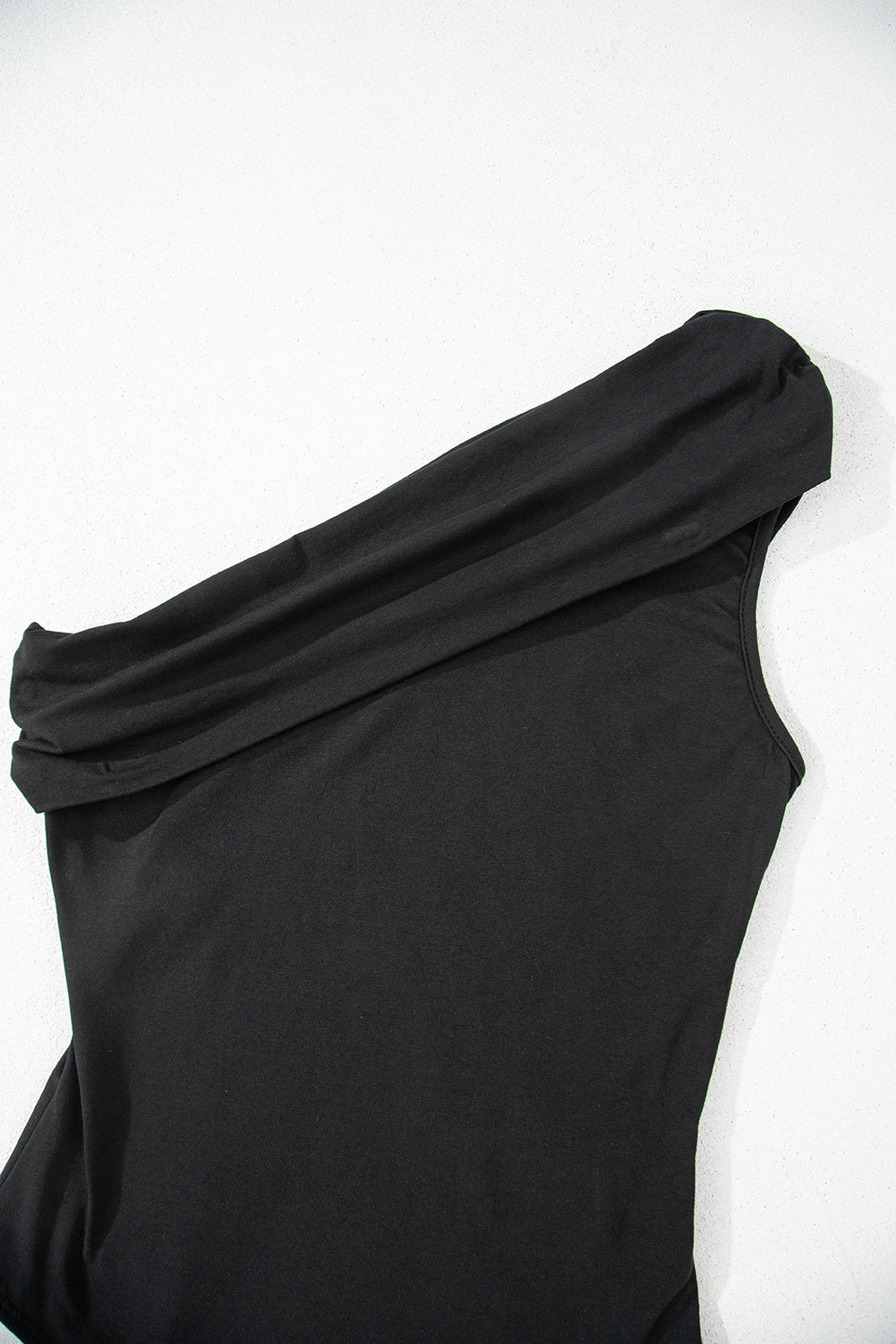 Black Solid Color Pleated One Shoulder Bodysuit