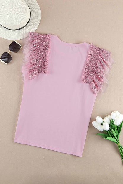 Pink Sequined Ruffle Mesh Sleeves Top