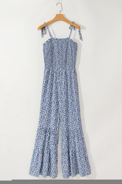 Dusk Blue Thin Straps Smocked Bodice Wide Leg Floral Jumpsuit