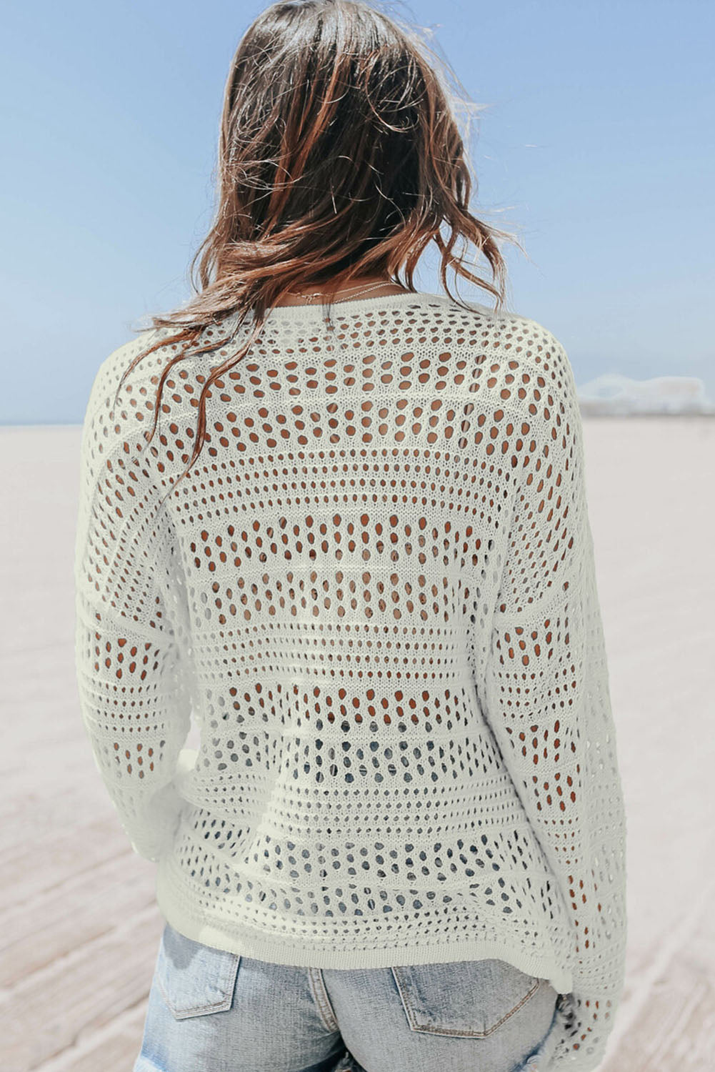 White Hollow Out Crochet V Neck Pullover Sweater