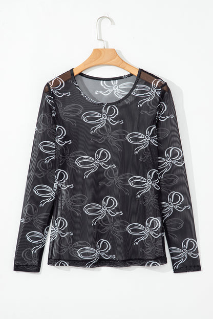 Black Round Neck Bow Print Long Sleeve Mesh Top