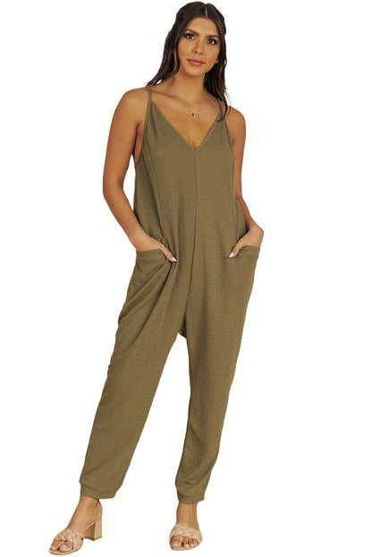 Green Textured Sleeveless V-Neck Pocketed Casual Jumpsuit