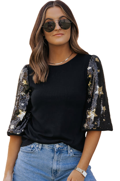 Black Star Sequin Splicing Half Sleeve Top