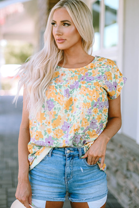 Yellow Floral Print Keyhole Back Short Sleeve Babydoll Blouse