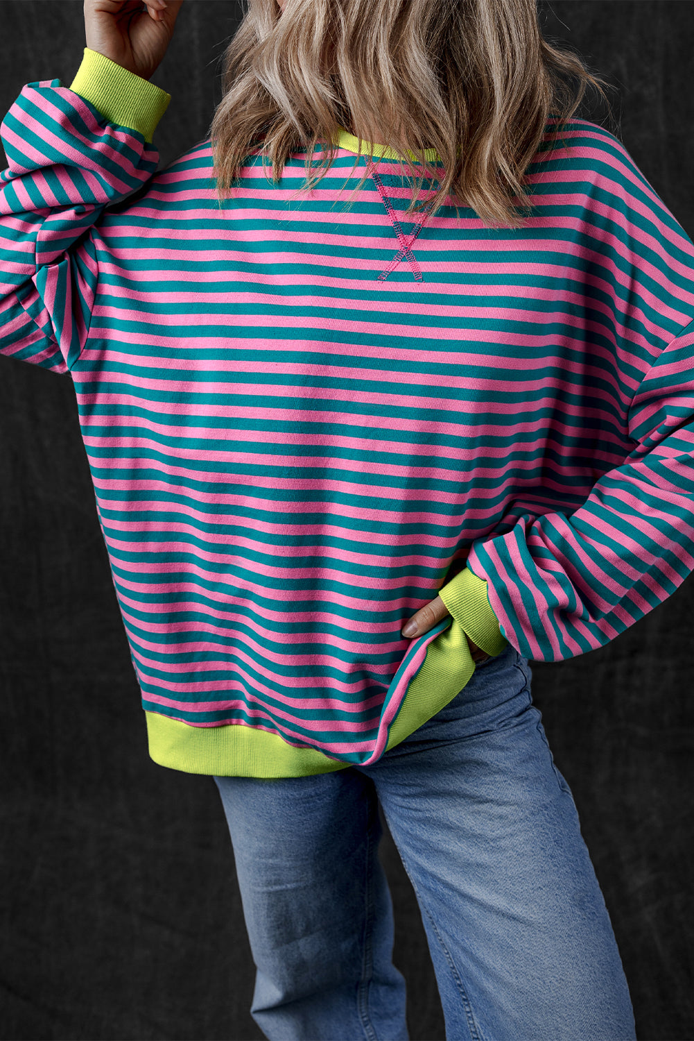 Green Stripe Oversized Contrast Trim Pullover Sweatshirt