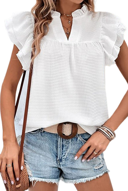 White Ruffle Accent Flutter Sleeve Notch Neck Top