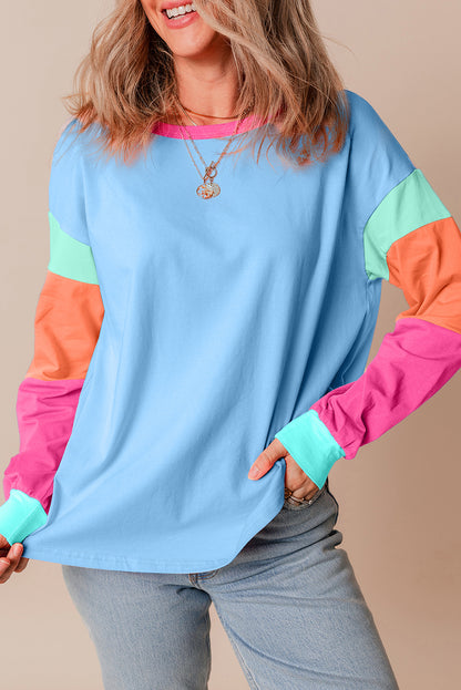 Dark Blue Colorblock Patchwork Long Sleeve Loose Top