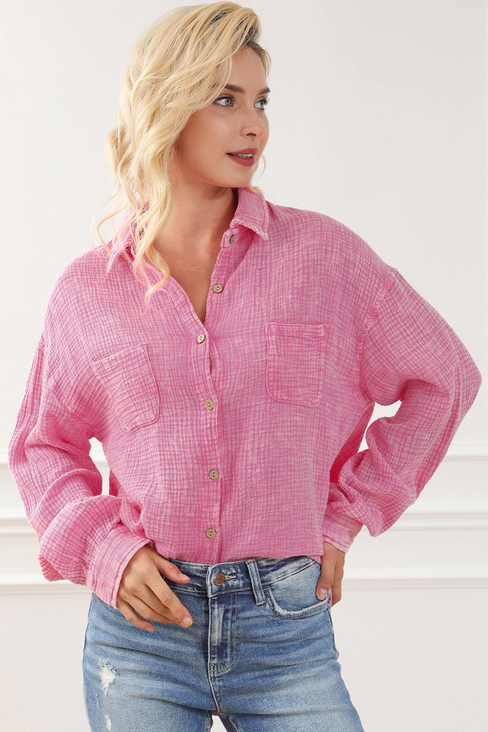 Pink Mineral Wash Crinkle Textured Chest Pockets Shirt