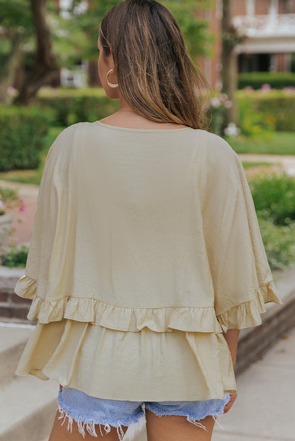 Apricot V Neck Draped Batwing Sleeve Ruffle Blouse