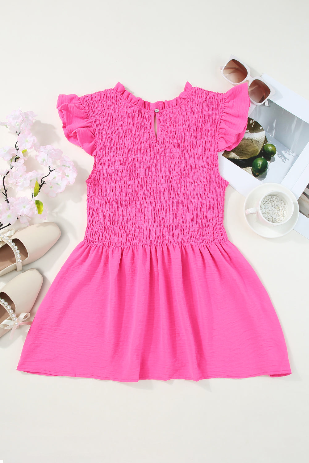 Rose Smocked Ruffle Flutter Sleeve Peplum Blouse