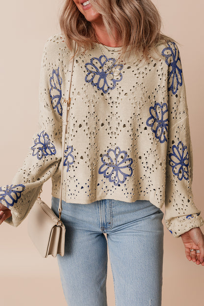 Beige Contrast Flower Print Eyelet Drop Shoulder Sweater