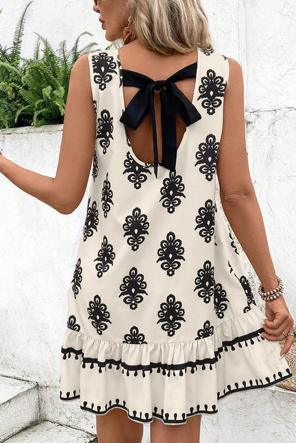 Beige Geometric Printed Sleeveless Hollowed Bowknot Back Mini Dress