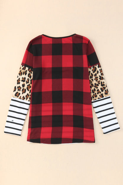 Plaid Print Leopard Splicing Striped Color Block Long Sleeve Top