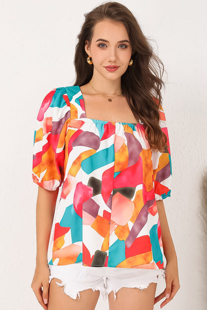 Multicolor Square Neck Abstract Print Short Sleeve Blouse