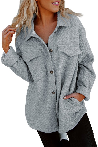 Gray Lattice Texture Retro Flap Pocket Button Quilted Shacket