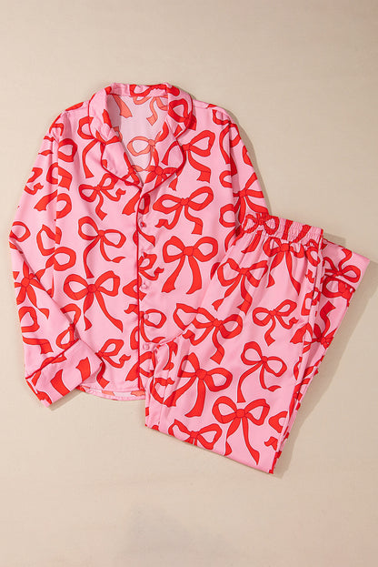 Pink 2pcs Bow Print Shirt Style Long Sleeve Pajama Set