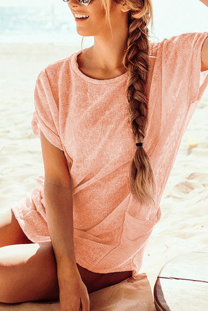 Pink Loose Fit Pockets Short Sleeve Beach Cover Up