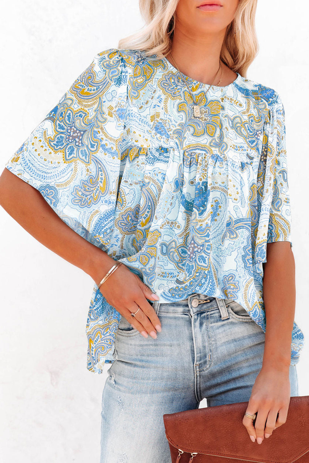 Sky Blue Paisley Print Wide Sleeves Loose Blouse