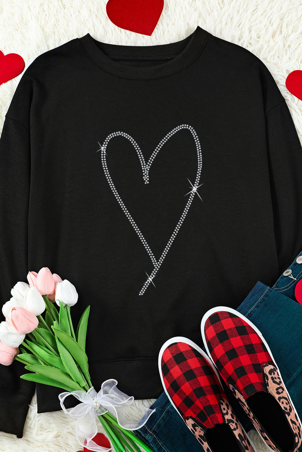 Black Rhinestone Heart Pattern Valentines Fashion Sweatshirt